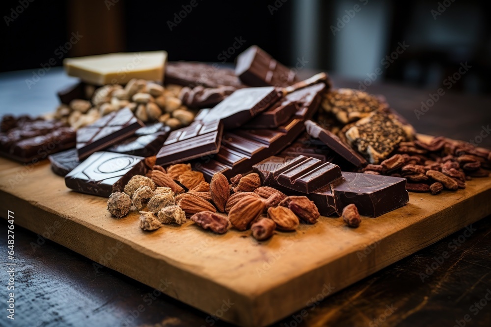 Poster a wooden cutting board adorned with a generous amount of chocolate and nuts. perfect for food photog