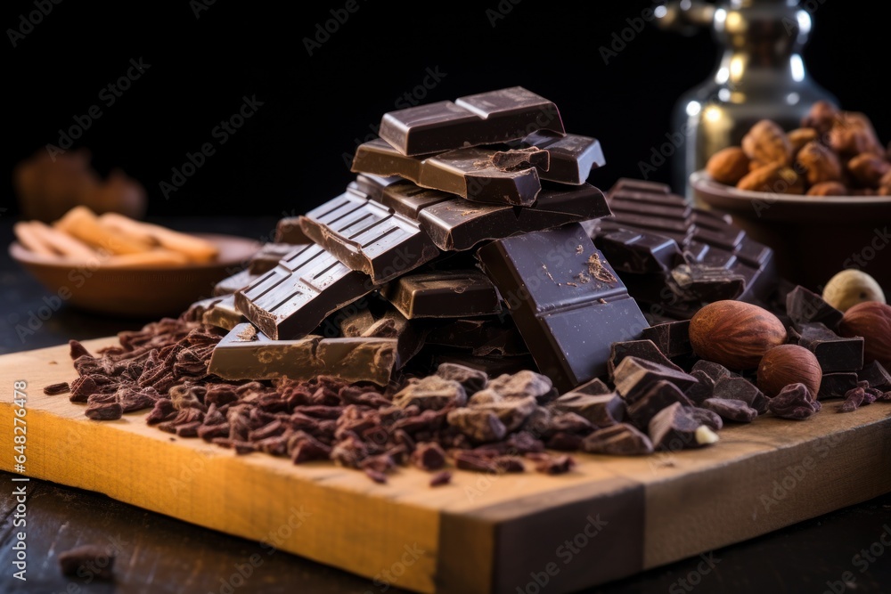 Poster a pile of chocolate sitting on top of a cutting board. this image can be used for various purposes, 