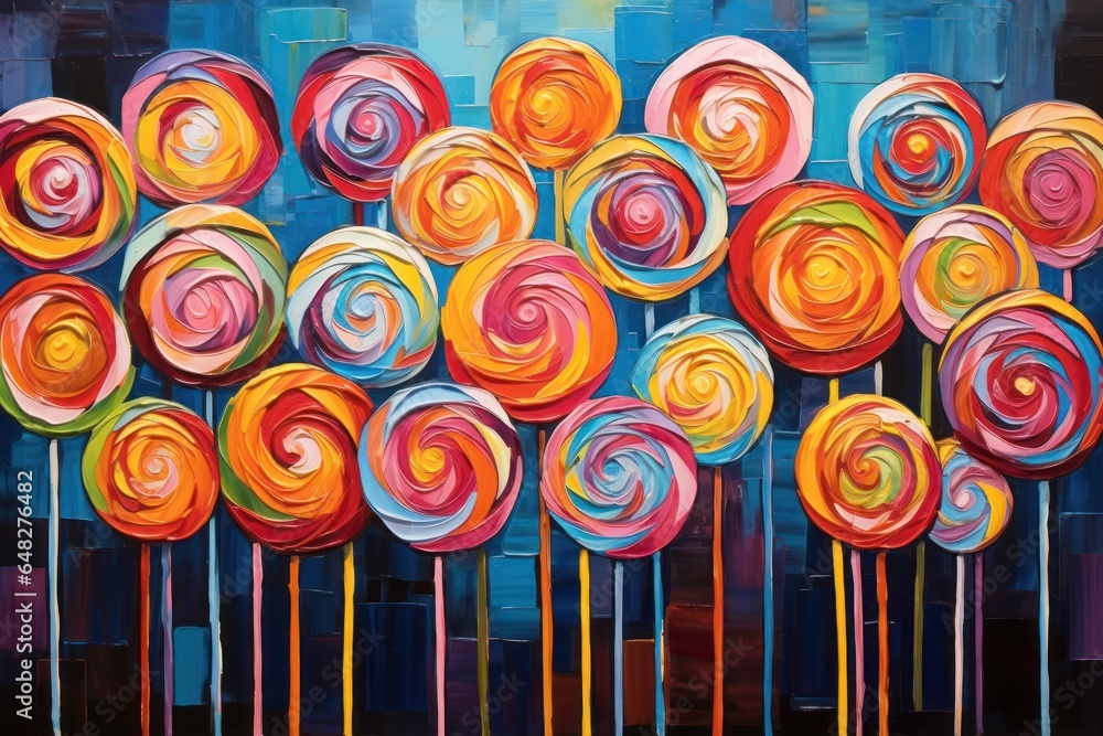 Poster Colorful lollipops displayed on a vibrant blue background. Perfect for adding a pop of color to any project or design.
