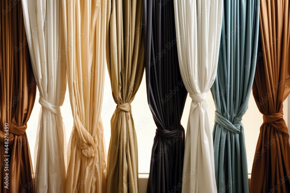 Poster A group of different colored curtains hanging on a wall. Perfect for adding a pop of color to any room or creating a vibrant backdrop for a photoshoot.