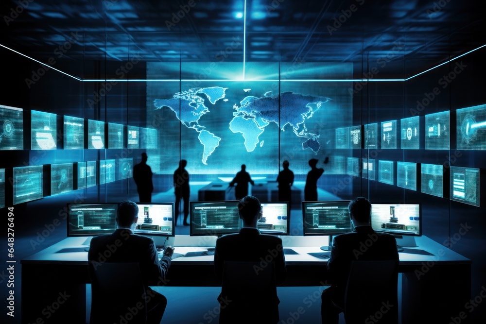 Poster A group of people sitting at a table in front of computers, working together on various tasks. This image can be used to depict teamwork, collaboration, or a modern office environment.