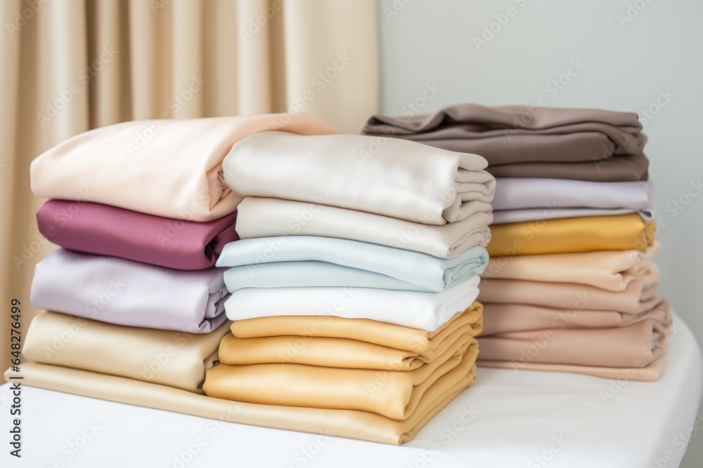 Fototapete A stack of neatly folded sheets placed on top of a table. This versatile image can be used to represent organization, cleanliness, household chores, linen, or home essentials.