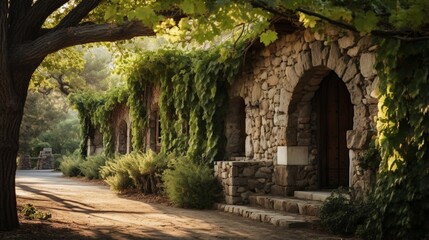 Fototapeta na wymiar the beauty of a family-owned vineyard with a historic stone wine cellar