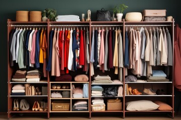 A closet filled with an assortment of clothes in different colors. Perfect for fashion, wardrobe, or clothing-related projects. - obrazy, fototapety, plakaty