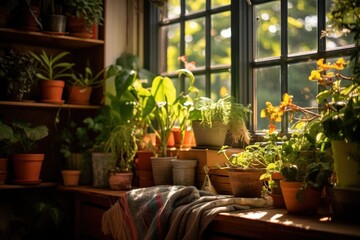 Fototapeta na wymiar A window sill filled with an abundance of potted plants. This image can be used to showcase greenery, gardening, or home decor concepts.
