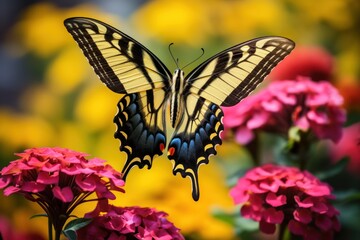 A beautiful butterfly perched delicately on a vibrant bouquet of flowers. Perfect for adding a touch of nature and color to any project.