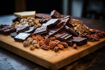 A wooden cutting board adorned with a generous amount of chocolate and nuts. Perfect for food...