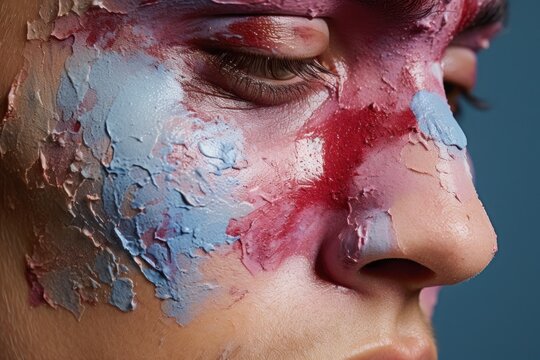 A detailed close-up of a person with paint on their face. This image can be used for various purposes, such as makeup tutorials, artistic expressions, or themed events.
