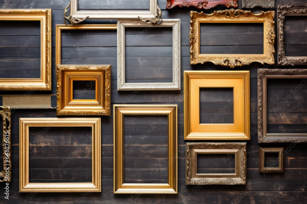 Poster A collection of picture frames displayed on a wall. This versatile image can be used for various purposes, such as home decor, interior design, gallery exhibitions, or showcasing memories.