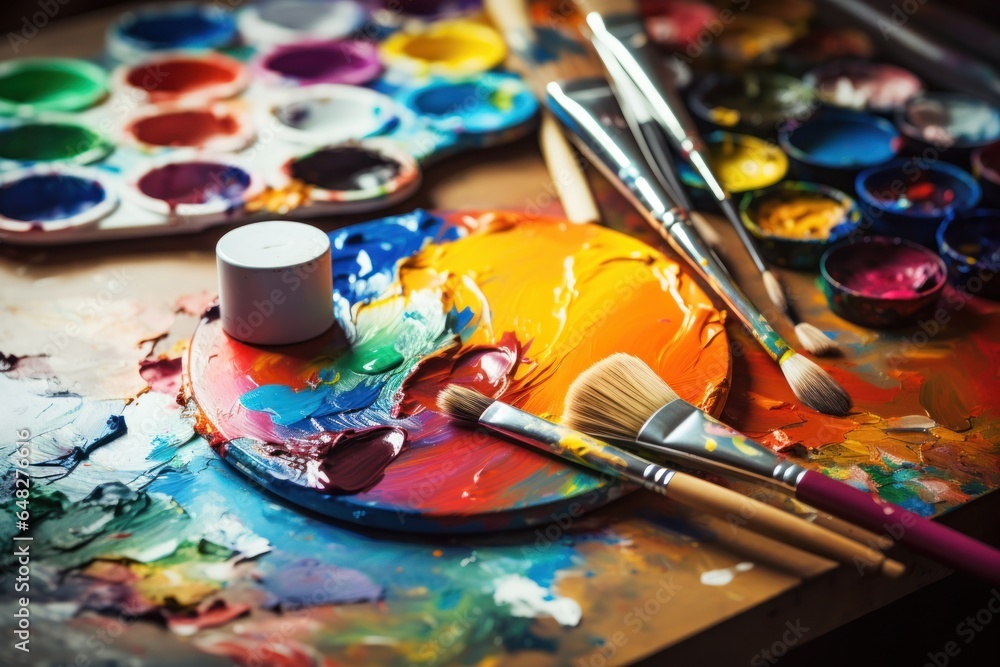 Poster A detailed view of paint brushes and a palette placed on a table. This image can be used to depict an artist's workspace or the process of creating artwork.