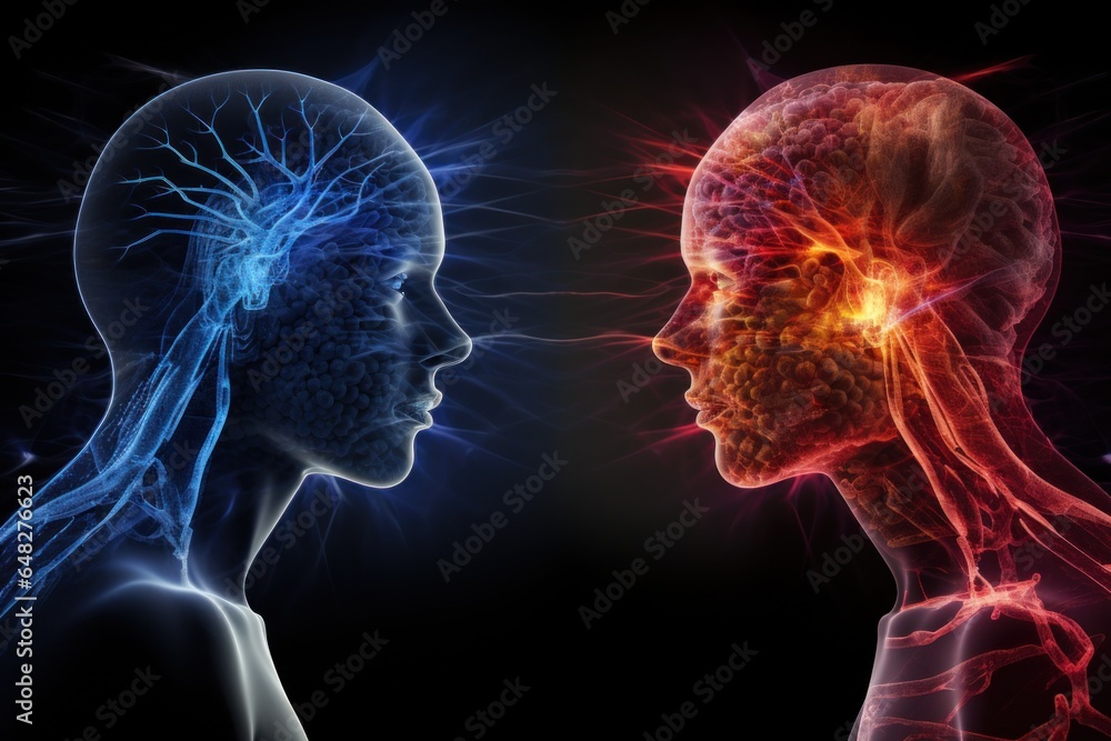 Poster a close-up image of a woman's head and neck, with a glowing brain in the background. this picture ca