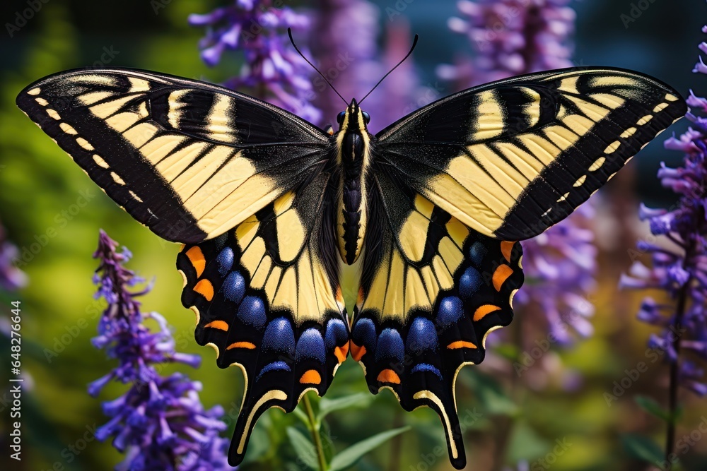 Poster A beautiful large butterfly perched on top of vibrant purple flowers. This image can be used to add a touch of nature and color to any design or project.