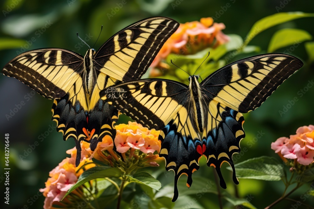 Poster two butterflies perched on a beautiful flower. this image captures the delicate beauty of nature. pe