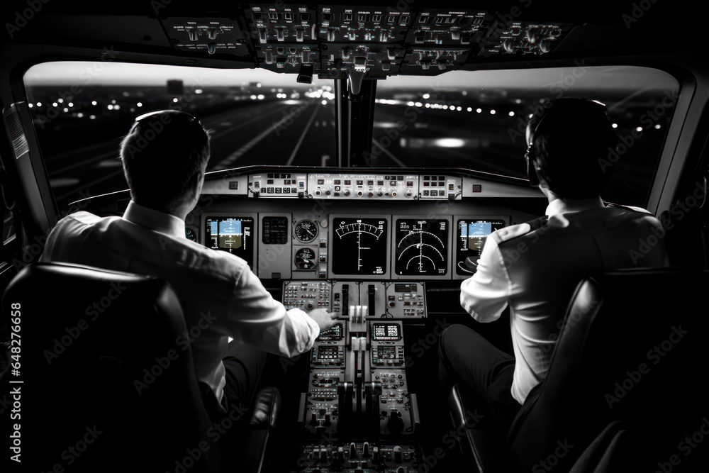 Poster two pilots are seen in the cockpit of a plane at night. this image can be used to depict teamwork, a