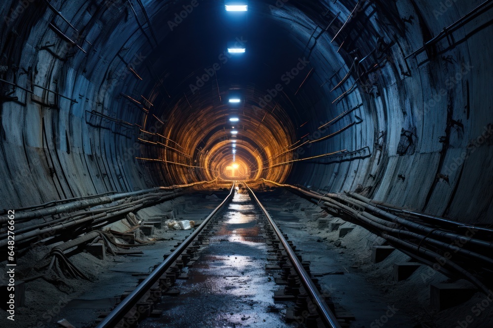 Poster a train is captured as it passes through a tunnel. this image can be used to depict transportation, 