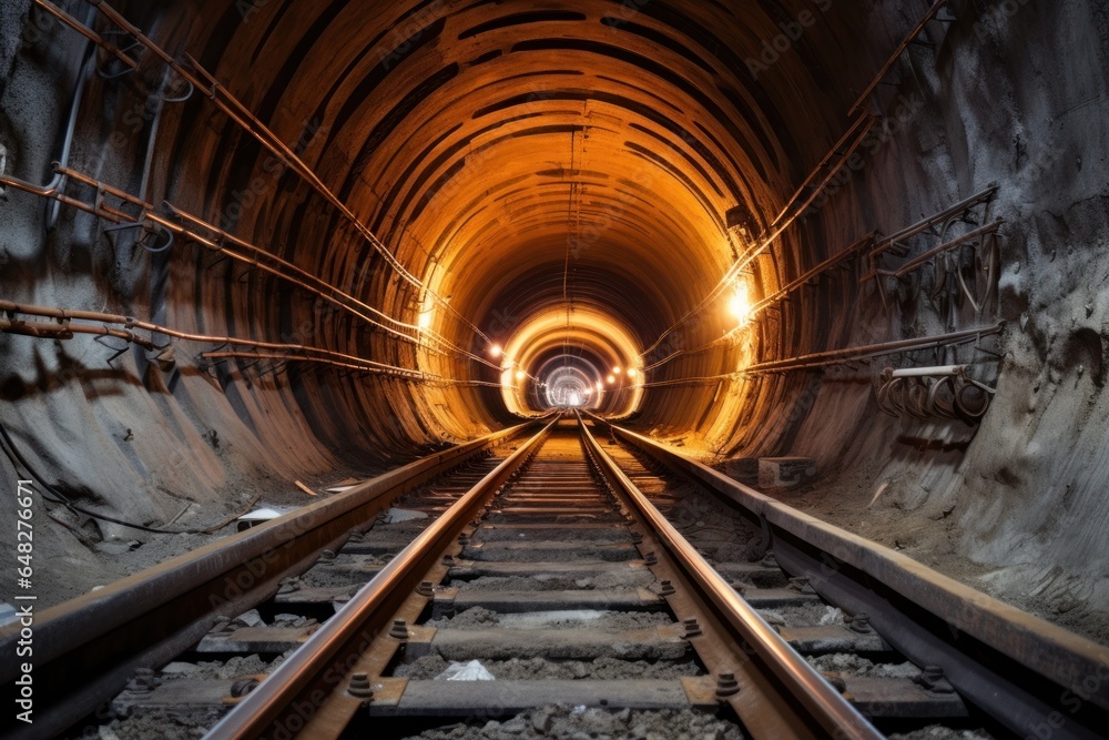 Aufkleber a train track tunnel with a light at the end. this image can be used to represent hope, progress, or