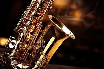 A saxophone sitting on top of a wooden table. Ideal for musicians, jazz lovers, or music-themed designs. - obrazy, fototapety, plakaty
