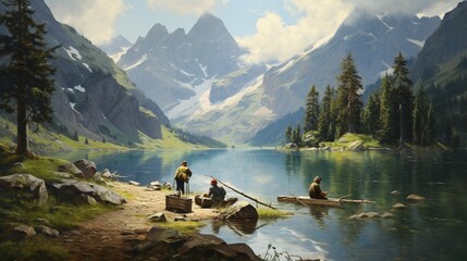 the charm of an alpine lake fishing scene with anglers casting lines
