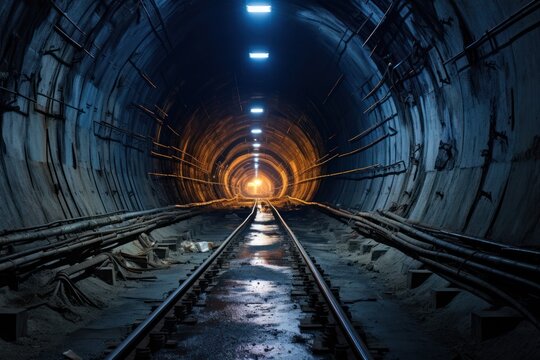 A train is captured as it passes through a tunnel. This image can be used to depict transportation, travel, or the concept of moving forward.