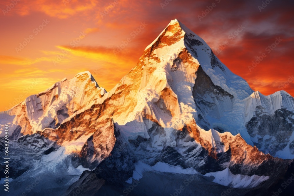 Poster a stunning image of a snow-covered mountain with a vibrant red sky in the background. perfect for us
