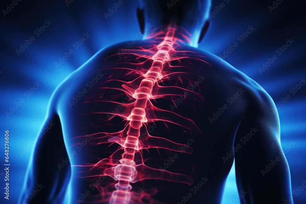 Poster a close-up image of a man's back with a highlighted spine. this picture can be used to illustrate me