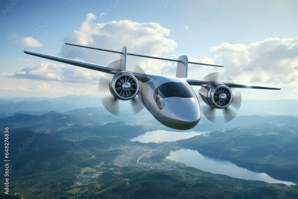 Poster an airplane is pictured flying over a beautiful mountain range with a serene lake in the background.