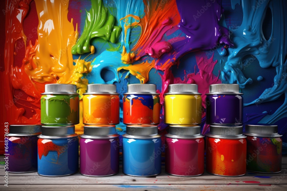 Poster a group of paint cans sitting on top of a wooden table. suitable for home improvement projects and d