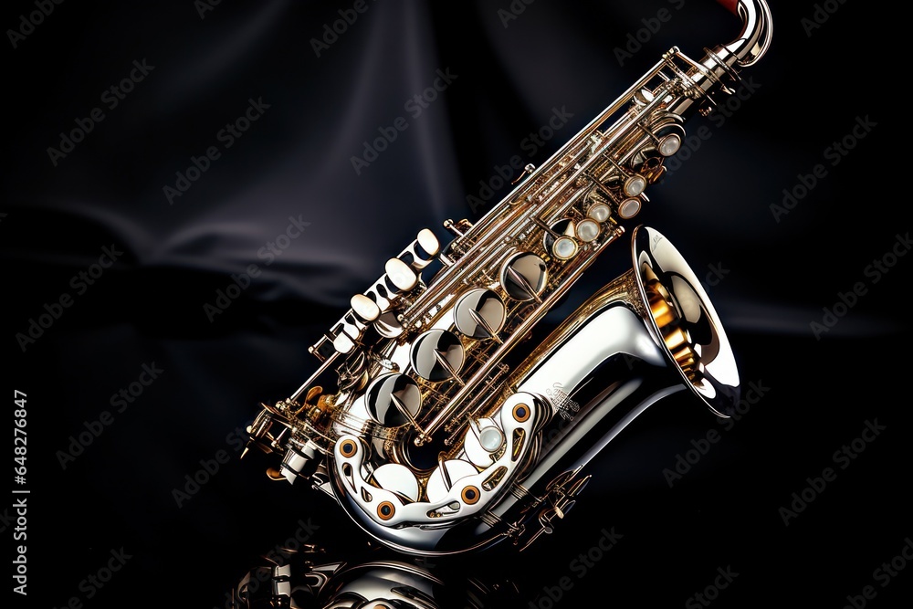 Poster a silver and gold saxophone is pictured on a black background. this image can be used for music-rela