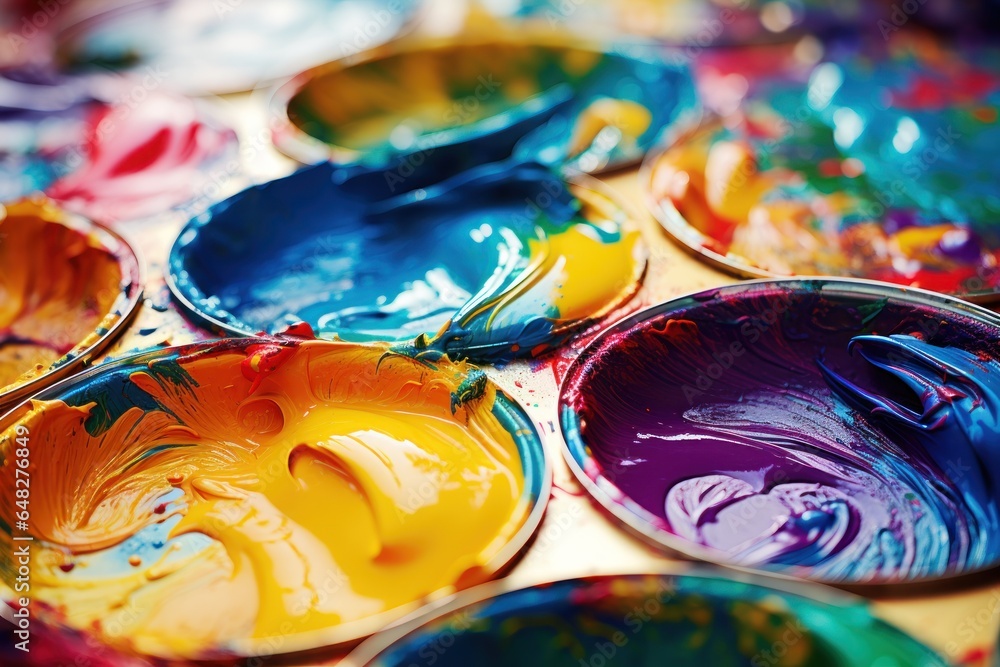 Poster A close-up view of a bunch of bowls with vibrant paint colors on them. This image can be used for various purposes, such as art projects, interior design inspiration, or creative concepts.