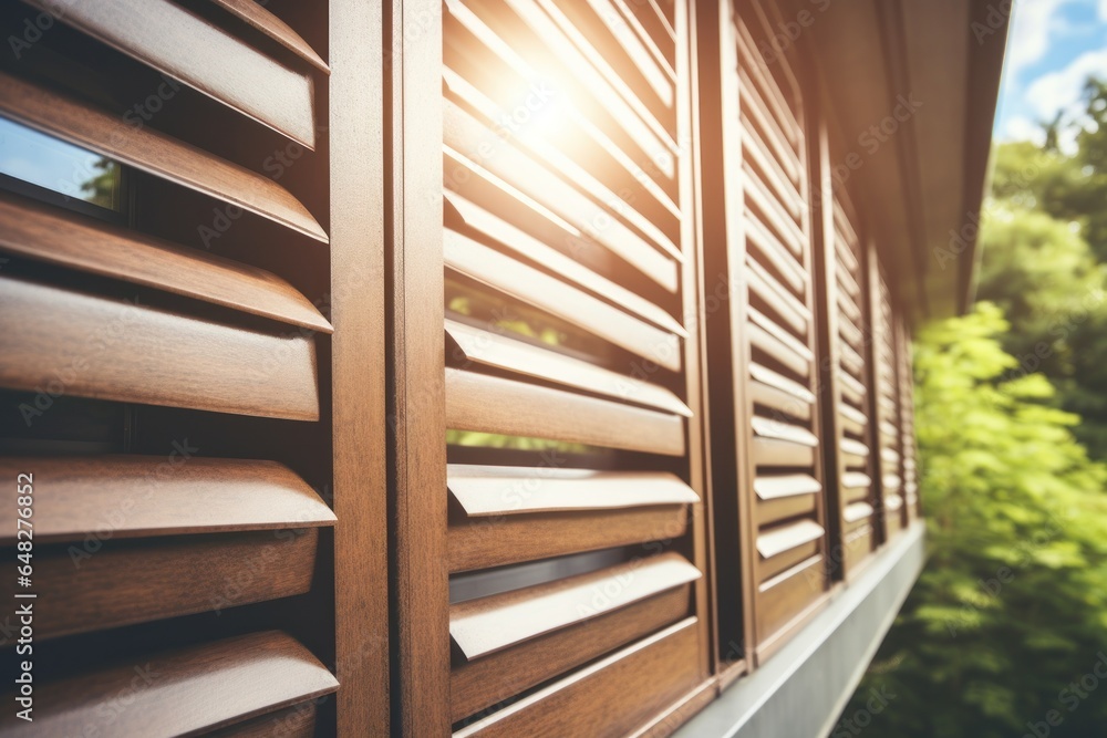 Aufkleber A detailed view of a window with wooden shutters. This image captures the rustic charm and craftsmanship of the shutters, adding character to any architectural or interior design project.