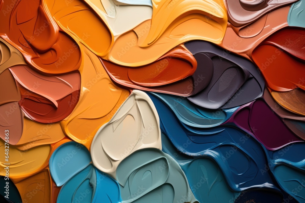 Poster A close-up view of various vibrant colors of paint. This image can be used for art projects, interior design inspiration, or to depict creativity and artistic expression.