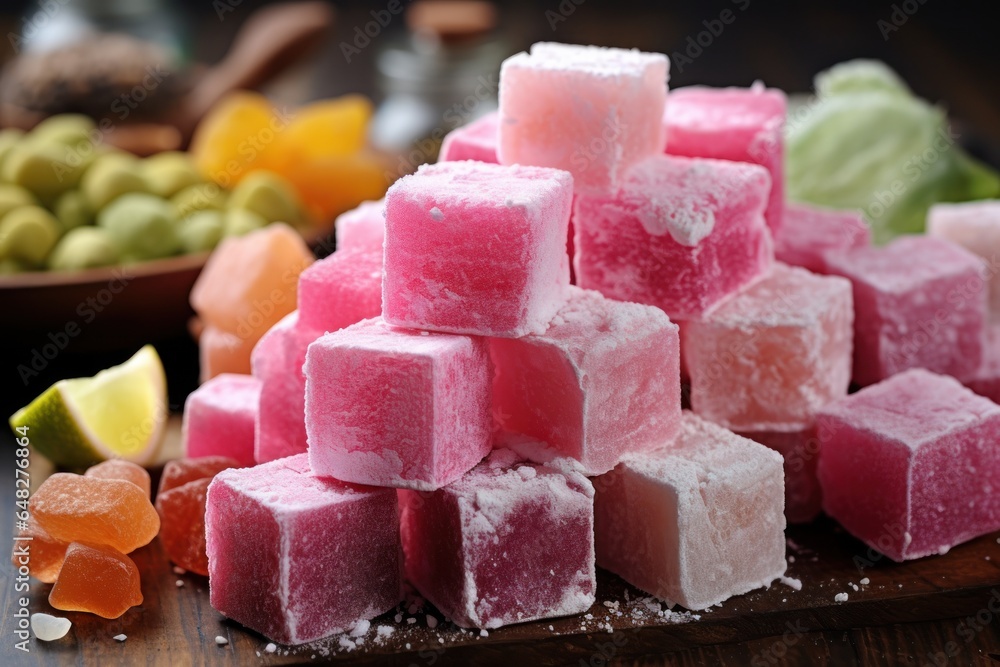 Poster a pile of sugar cubes sitting on top of a wooden cutting board. this image can be used to represent 