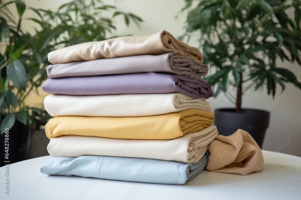 Poster a stack of folded sheets sitting on top of a table. perfect for illustrating organization, cleanline