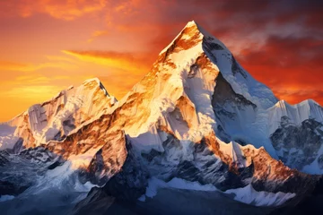 Foto auf Acrylglas Mount Everest A stunning image of a snow-covered mountain with a vibrant red sky in the background. Perfect for use in travel brochures, adventure magazines, and outdoor-themed websites.