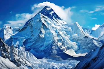 Papier Peint photo autocollant Everest A picturesque view of a snow covered mountain against a clear blue sky. Perfect for travel brochures and outdoor adventure websites.