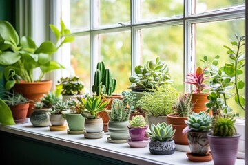 A window sill filled with a variety of potted plants. This image can be used to showcase the beauty of indoor gardening and home decor ideas.