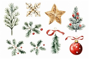 Christmas decorations in a watercolor drawing on a white background