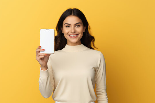 Beautiful Smiling Woman Holding And Showing Display Of Mobile Phone In Her Hand On Simple Color Background