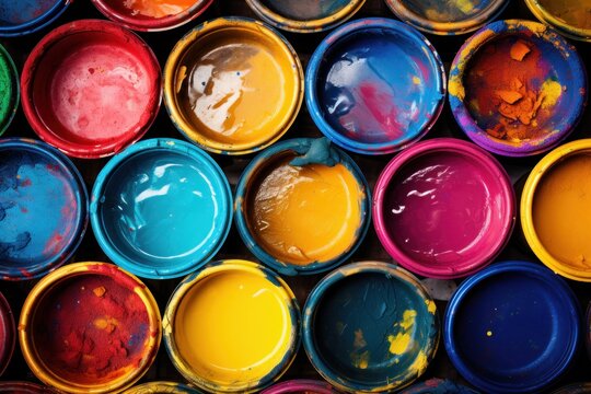 A close-up view of a bunch of paint cans. This image can be used to depict a variety of concepts related to painting, home improvement, DIY projects, or interior design.