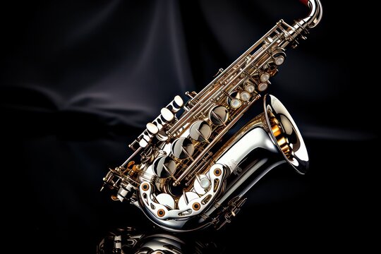 A silver and gold saxophone is pictured on a black background. This image can be used for music-related designs or to symbolize jazz and elegance.