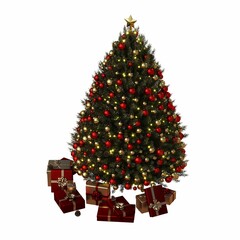 Christmas tree with decorations, isolated on white background, 3D illustration, cg render
