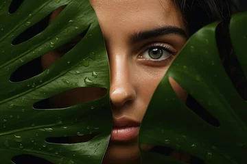 Fotobehang A woman's face hidden behind a vibrant green leaf © pham