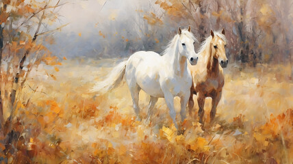 Horses in a Field - Neutral Colors Digital Painting with  Palomino and White Horses - Generative AI - obrazy, fototapety, plakaty