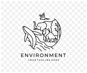Ecosystem, animals, plants, fish and birds, linear graphic design. Environment, lion, elephant, macaw parrot, whale, ocean and trees, vector design and illustration