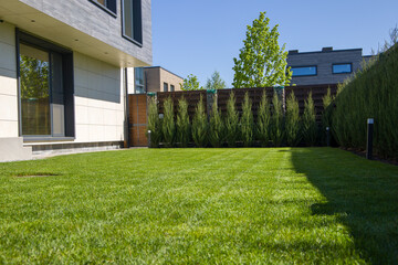 Lawn in front of a modern house with green grass and trees