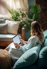 Work from home laptop mockup. Cozy interior. Casual dress. Copy Space.