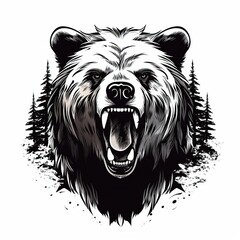 Fototapeta premium bear head hunting, vintage monochrome, logo, hunting, cartoon, Comic style, t shirt design, white background, Generative AI 
