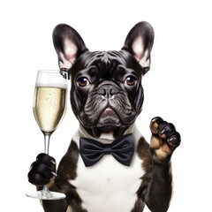 A dog holding a glass of wine and a wine glass