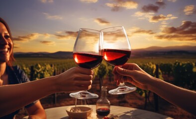 Obraz premium Two people raising their glasses in a toast against a beautiful sunset