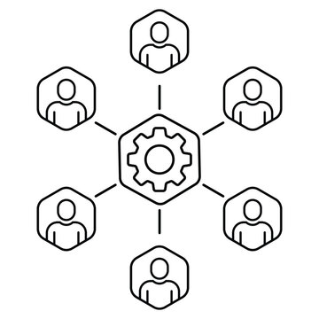 group of thin line people like joint development. flat linear trend simple cogwheel with developer logotype graphic art design element. metaphor of human resources or recruitment and corporate culture